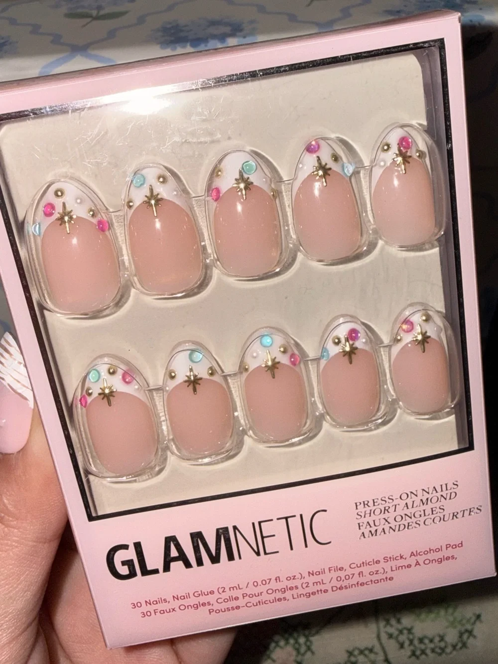 GLAMNETIC “Moonstone” Pink Almond Press-On Nails with Gem Accents